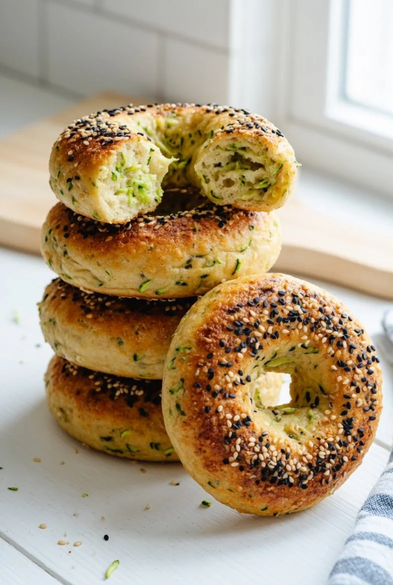 Köstliche Zucchini Bagels auf einem Holzbrett serviert.