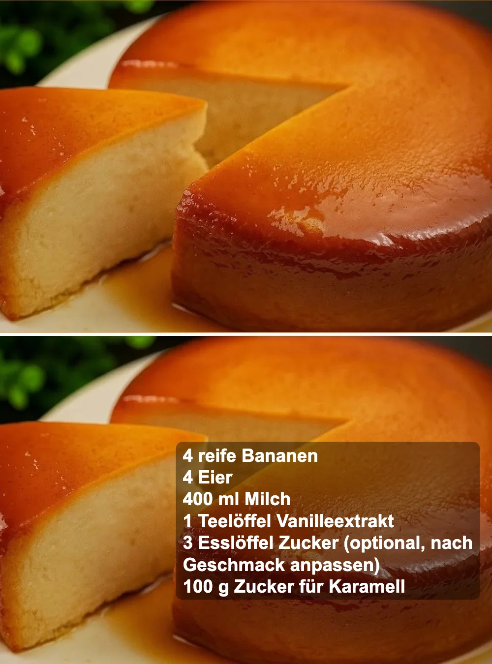 Bananenflan serviert in einer eleganten Schüssel