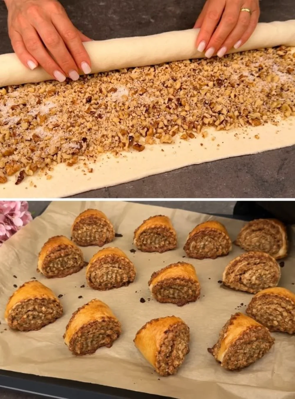 Frisch gebackener Blätterteig mit Nüssen auf einem Holzbrett