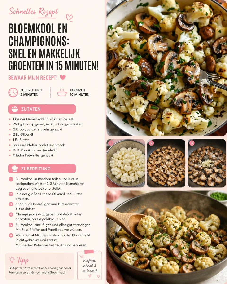 Gericht aus Blumenkohl und Champignons, schnell zubereitet in 15 Minuten