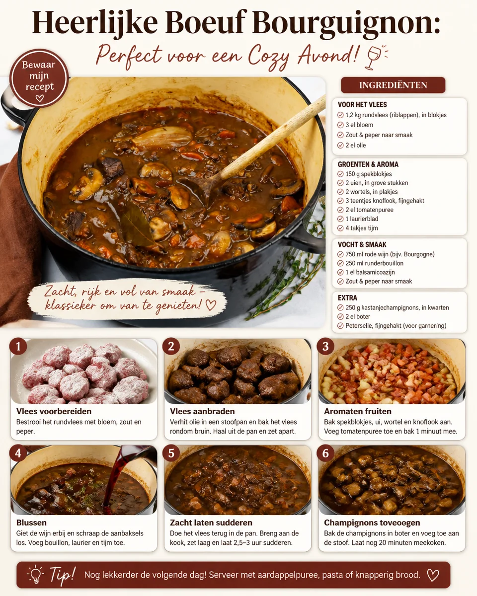 Ein köstlicher Boeuf Bourguignon in einem rustikalen Teller präsentiert.