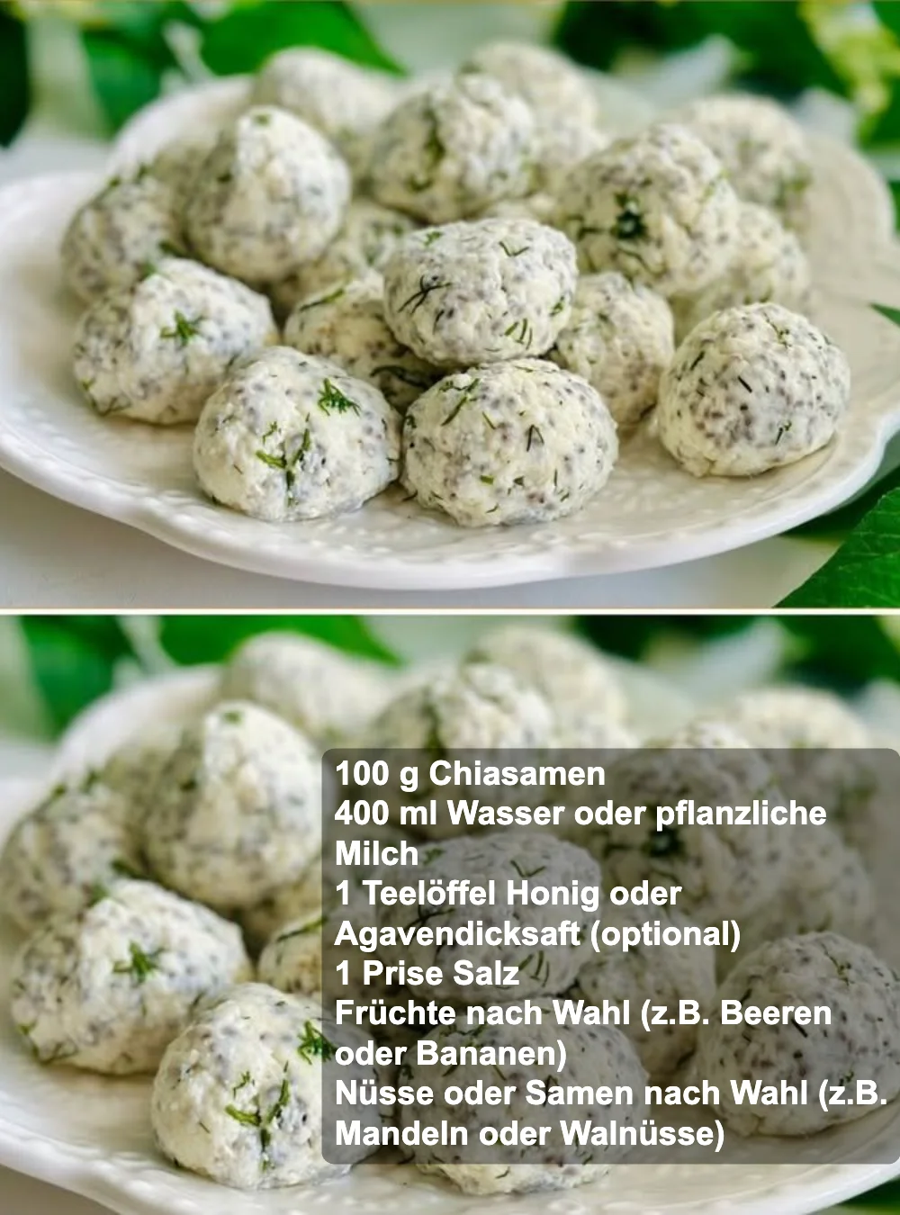 Schüsseln mit verschiedenen Chia-Puddings, bunt garniert mit Früchten und Nüssen.