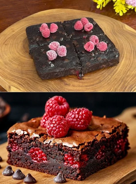 Drei-Zutaten-Schokoladen-Brownie mit Schokolade, frisch gebacken und dekoriert.