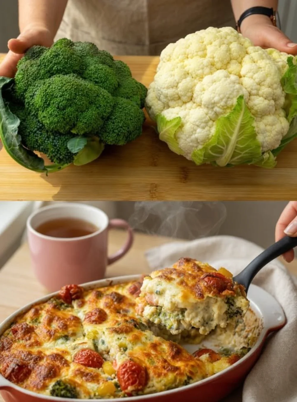Cremiges Brokkoli-Blumenkohl-Gericht mit Milch auf einem Teller serviert