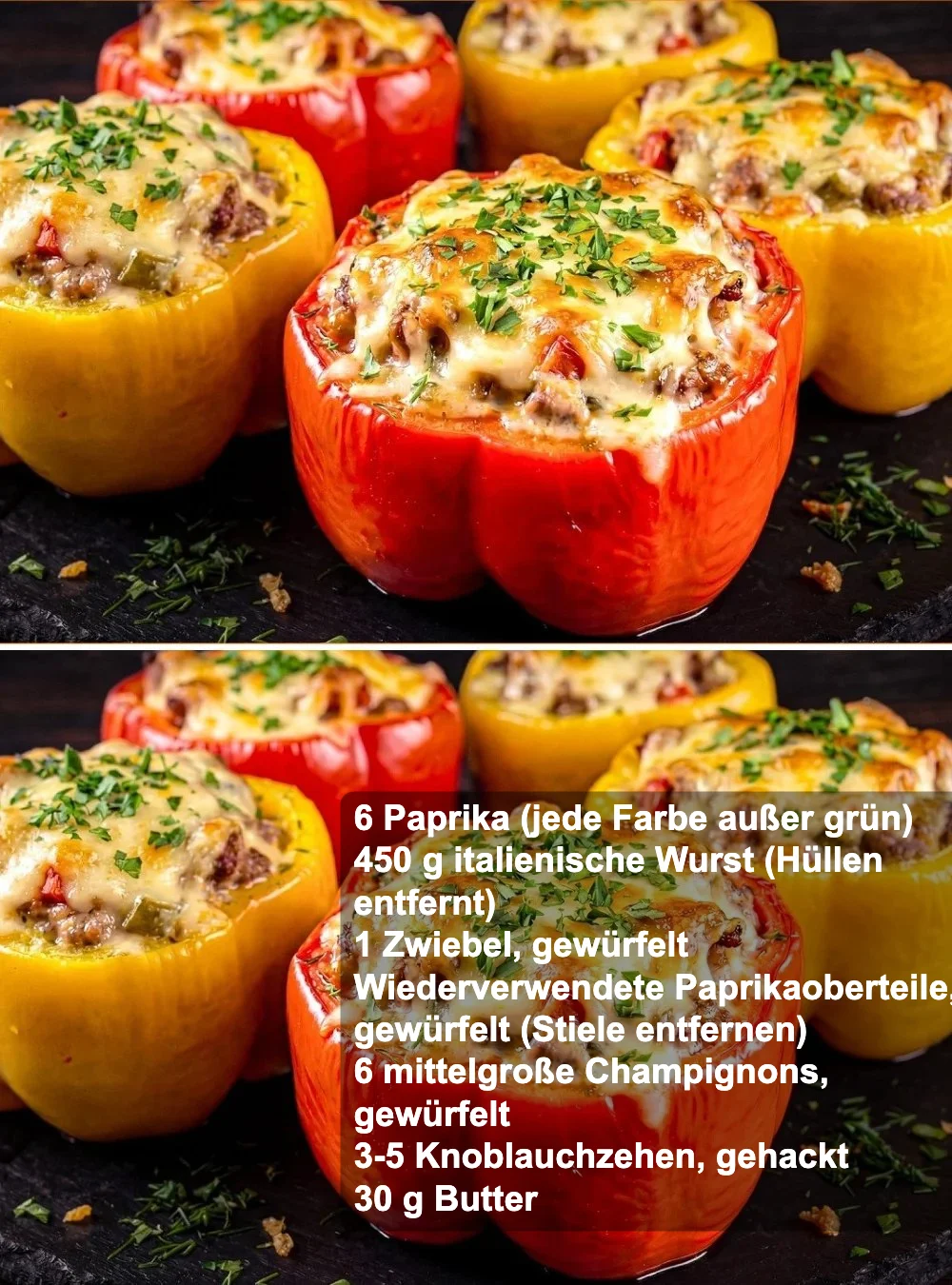 Gefüllte Paprika mit cremigem Kartoffelpüree auf einem Teller serviert