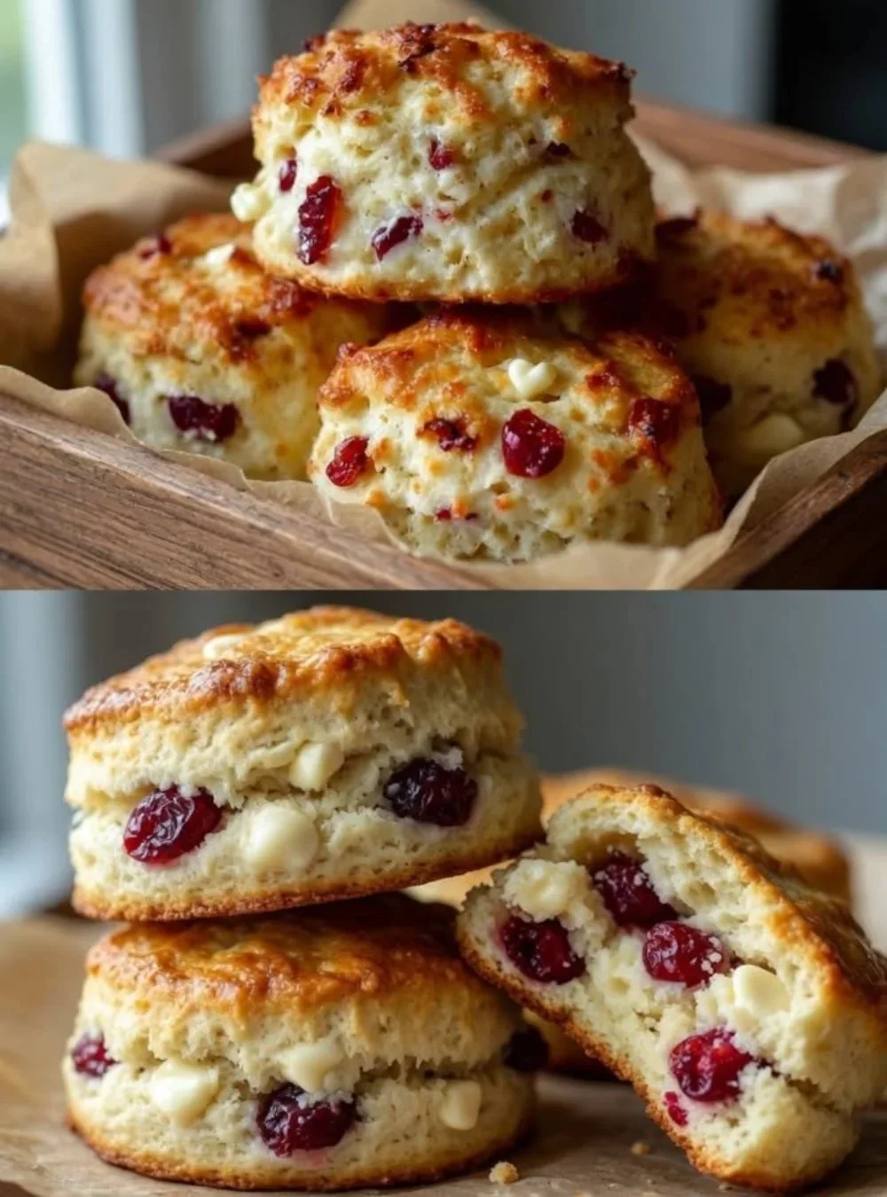 Frisch gebackene Cranberry-Orangen-Scones auf einem Tablett