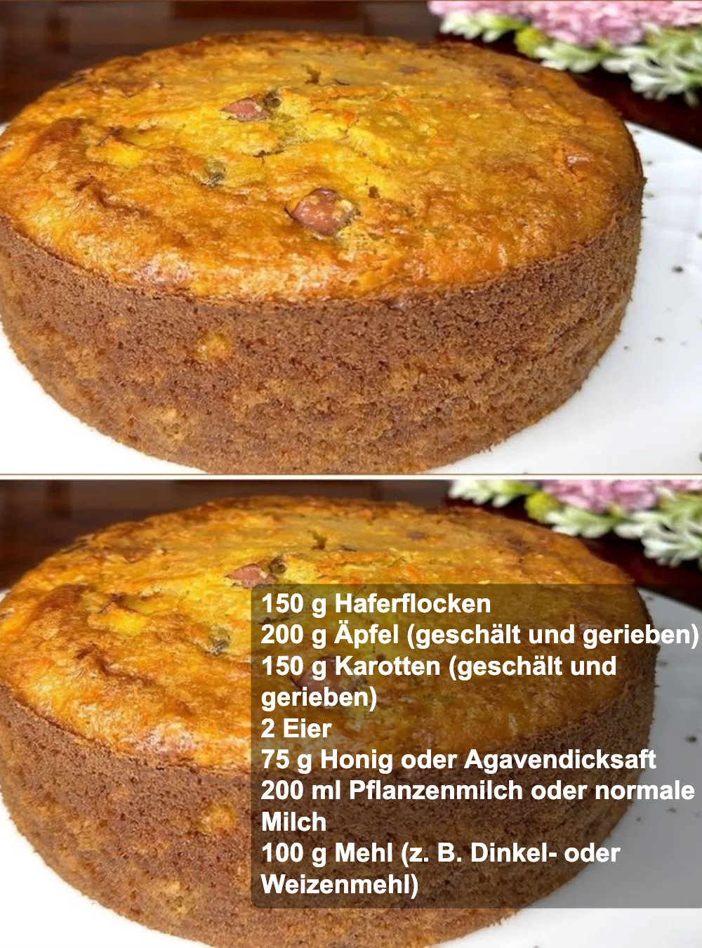Gesunder Haferflocken-Kuchen mit Äpfeln und Karotten auf einem Tisch
