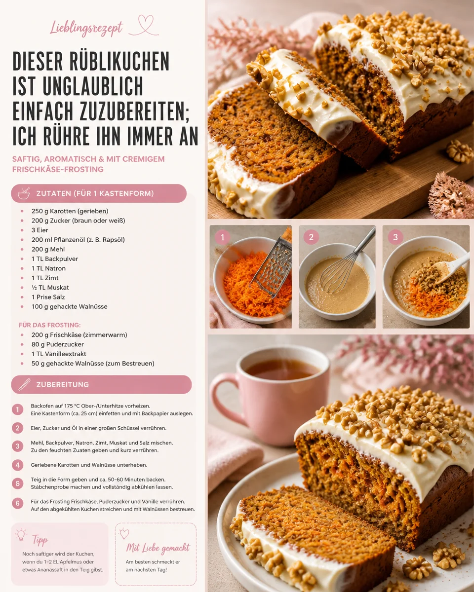 Einfacher Karottenkuchen auf einem Teller, garniert mit frischem Obst.