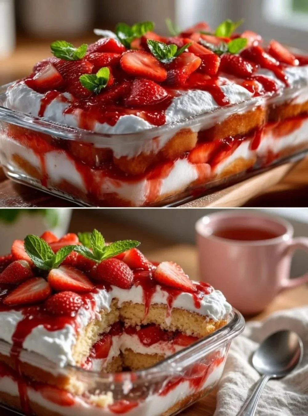 Erdbeer-Tiramisu in einer eleganten Dessertschale, garniert mit frischen Erdbeeren.