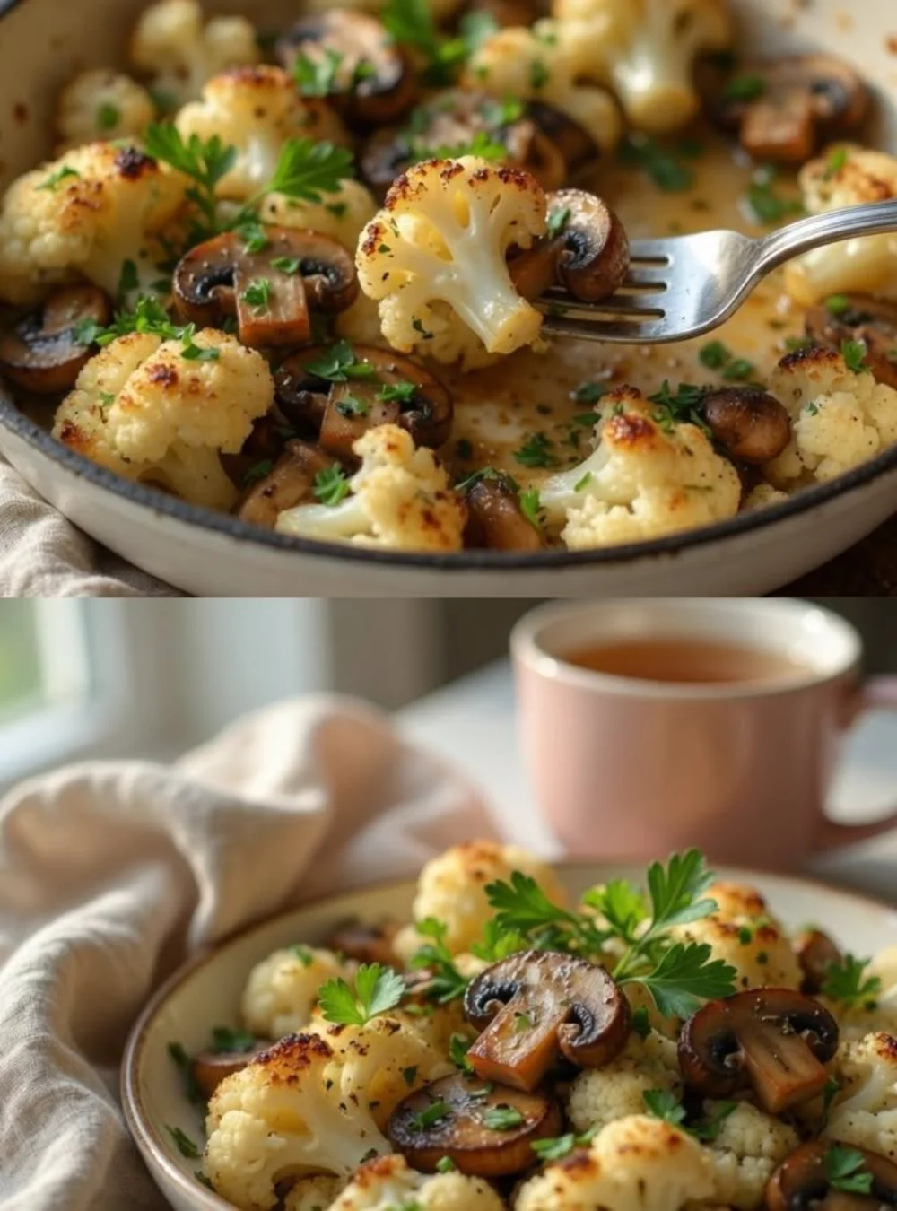 Gesunde Blumenkohl-Pilz-Pfanne mit Knoblauch, schnell zubereitet.