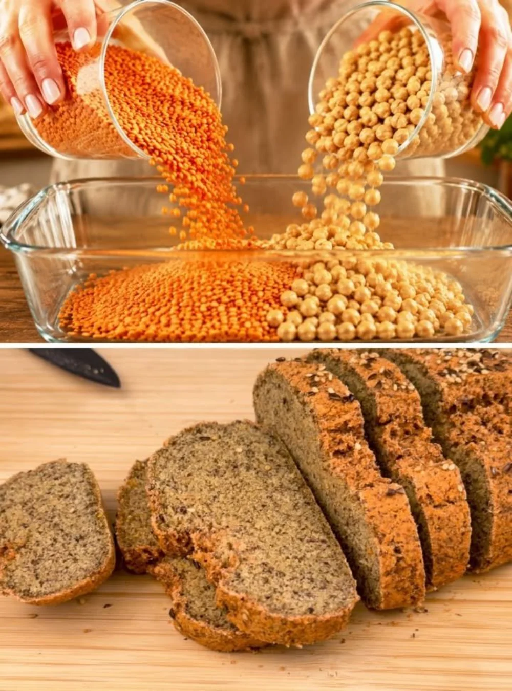 Gesundes Brot aus Kichererbsen und Linsen auf einem Holzbrett.