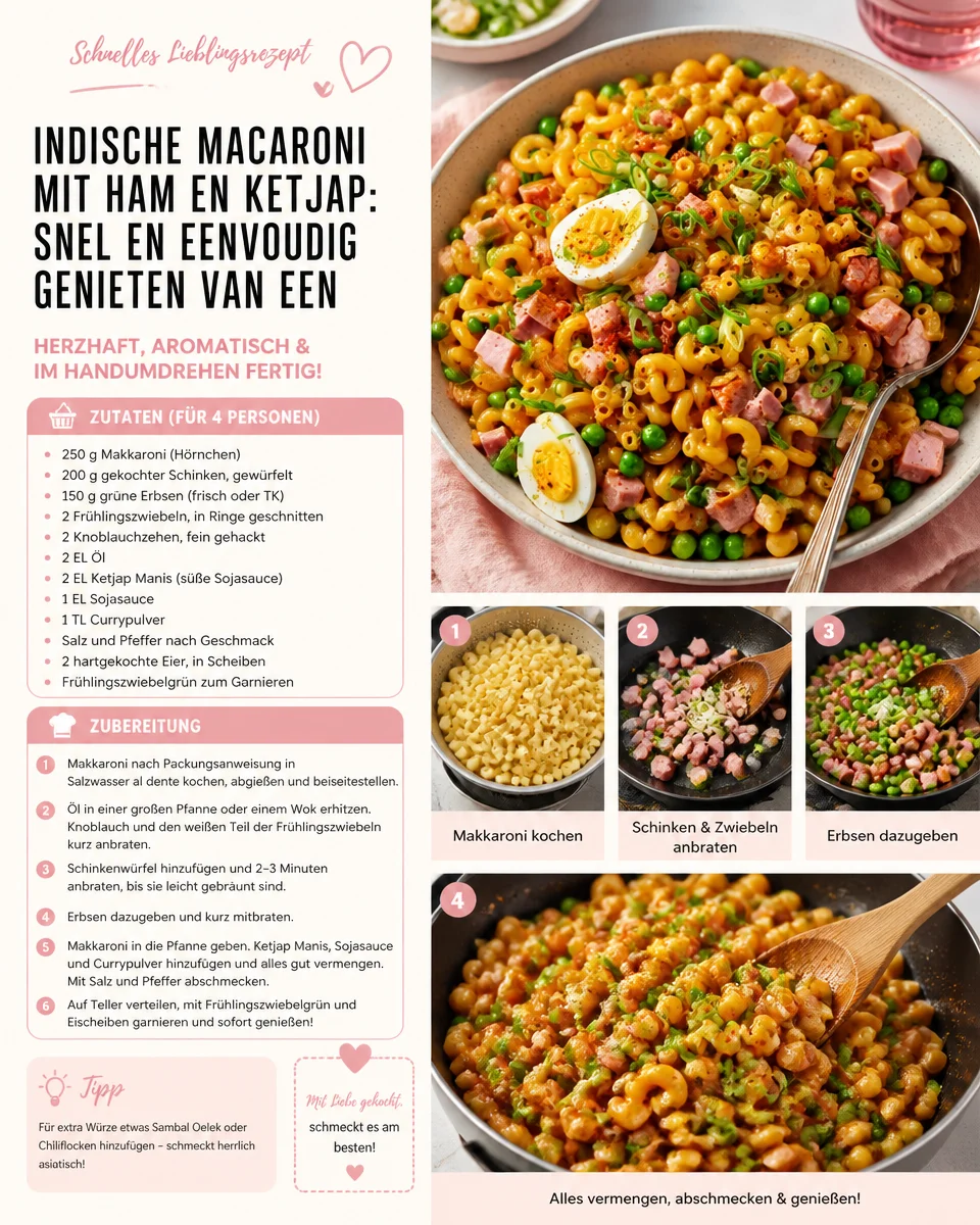 Indische Macaroni mit Schinken und Ketjap, lecker und schnell zubereitet.