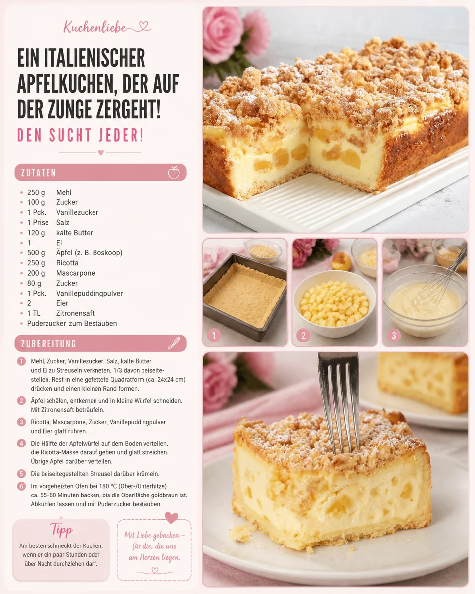 Italienische Apfeltarte, zart und schmelzend, nach leichtem Rezept gebacken.
