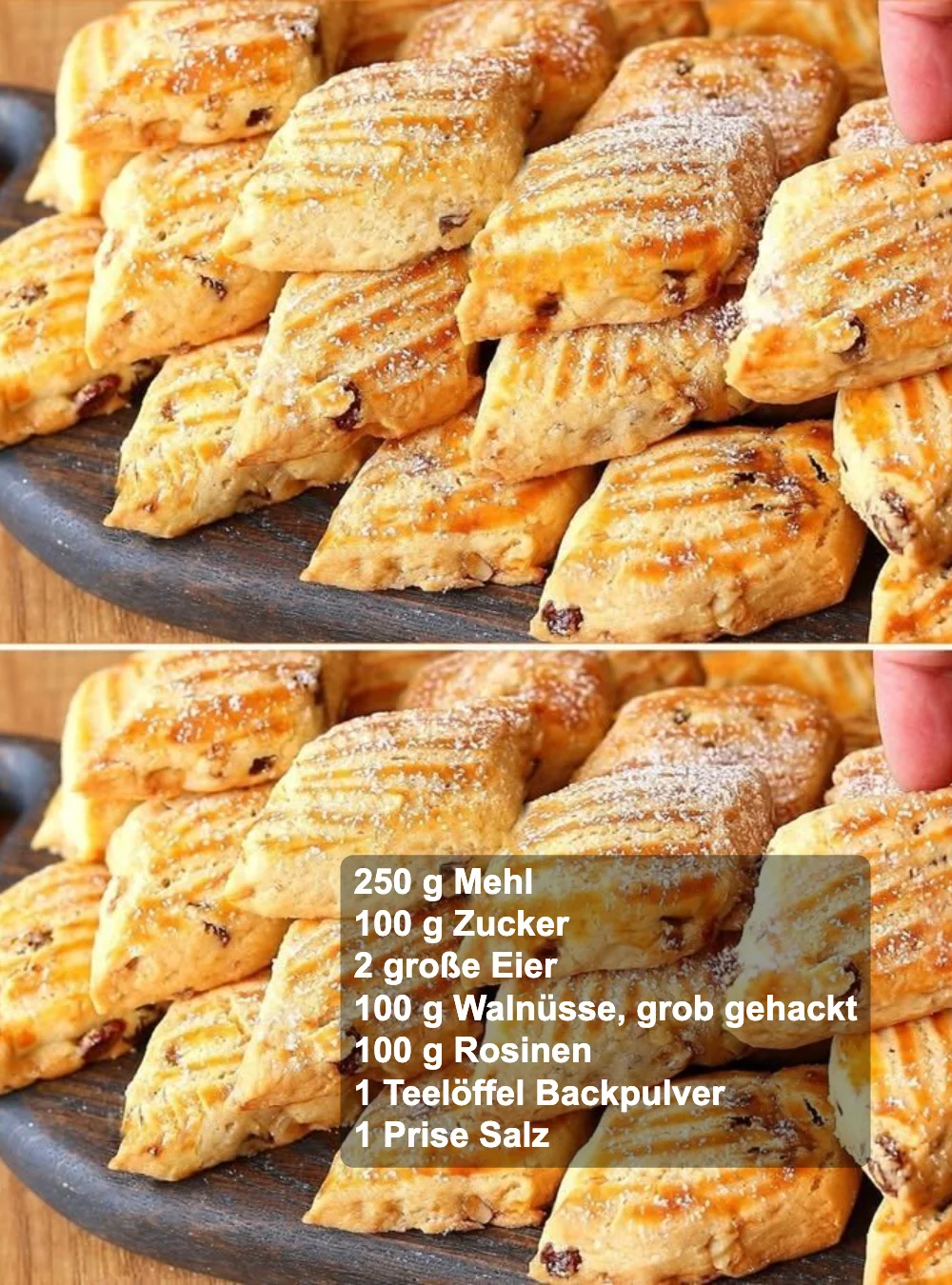 Knusprige Biscotti mit Rosinen und Walnüssen auf einem Teller.