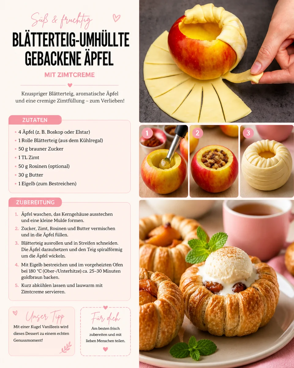 Knusprige Blätterteig-Äpfel mit cremiger Zimtcreme auf einem Teller
