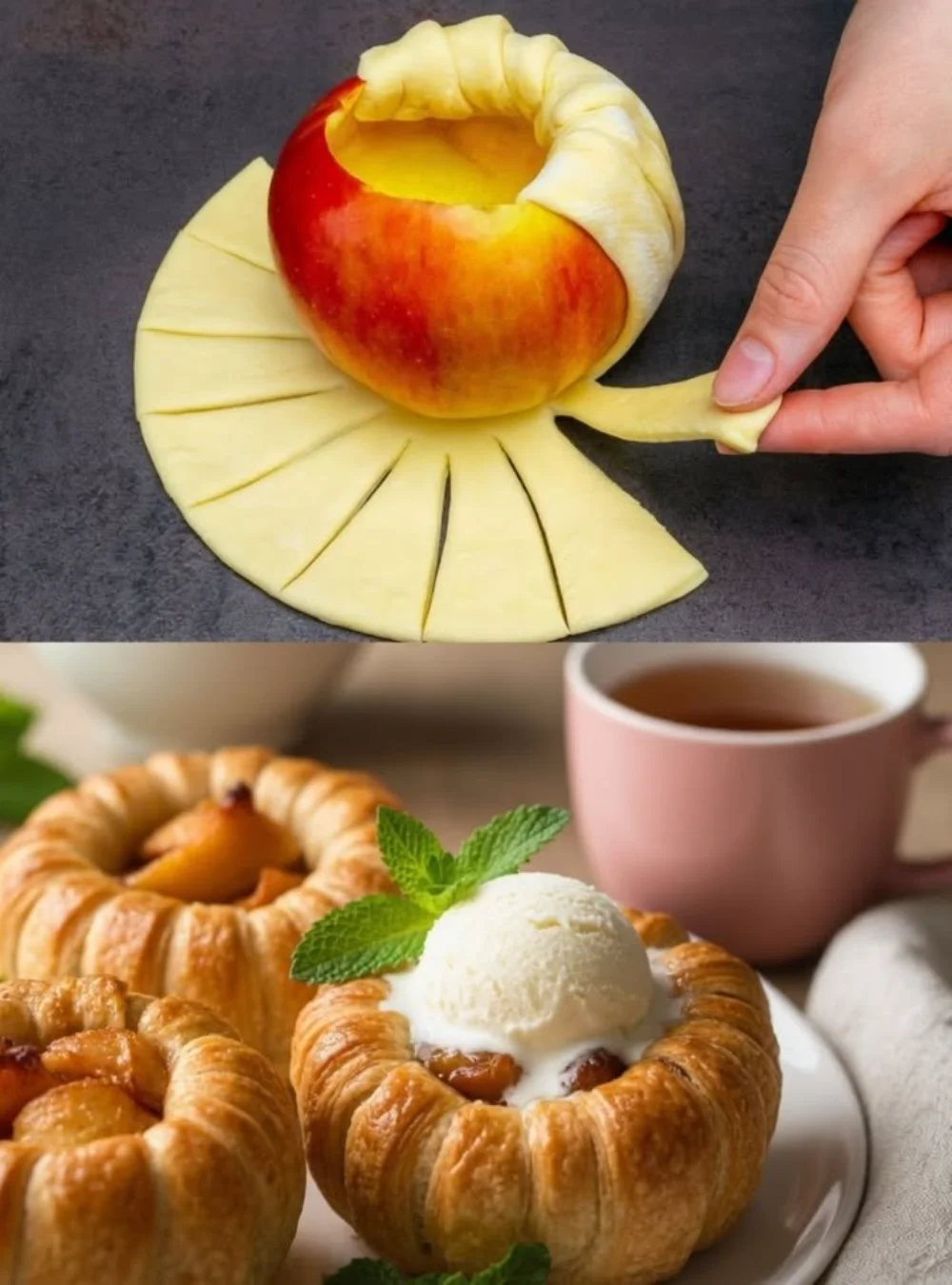 Knusprige Blätterteig-Äpfel mit Zimtcreme auf einem Teller