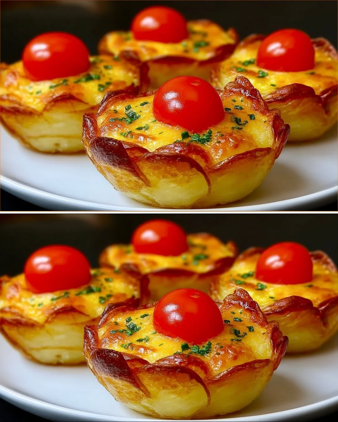 Knusprige Kartoffelkörbchen aus dem Ofen, serviert auf einem Teller.