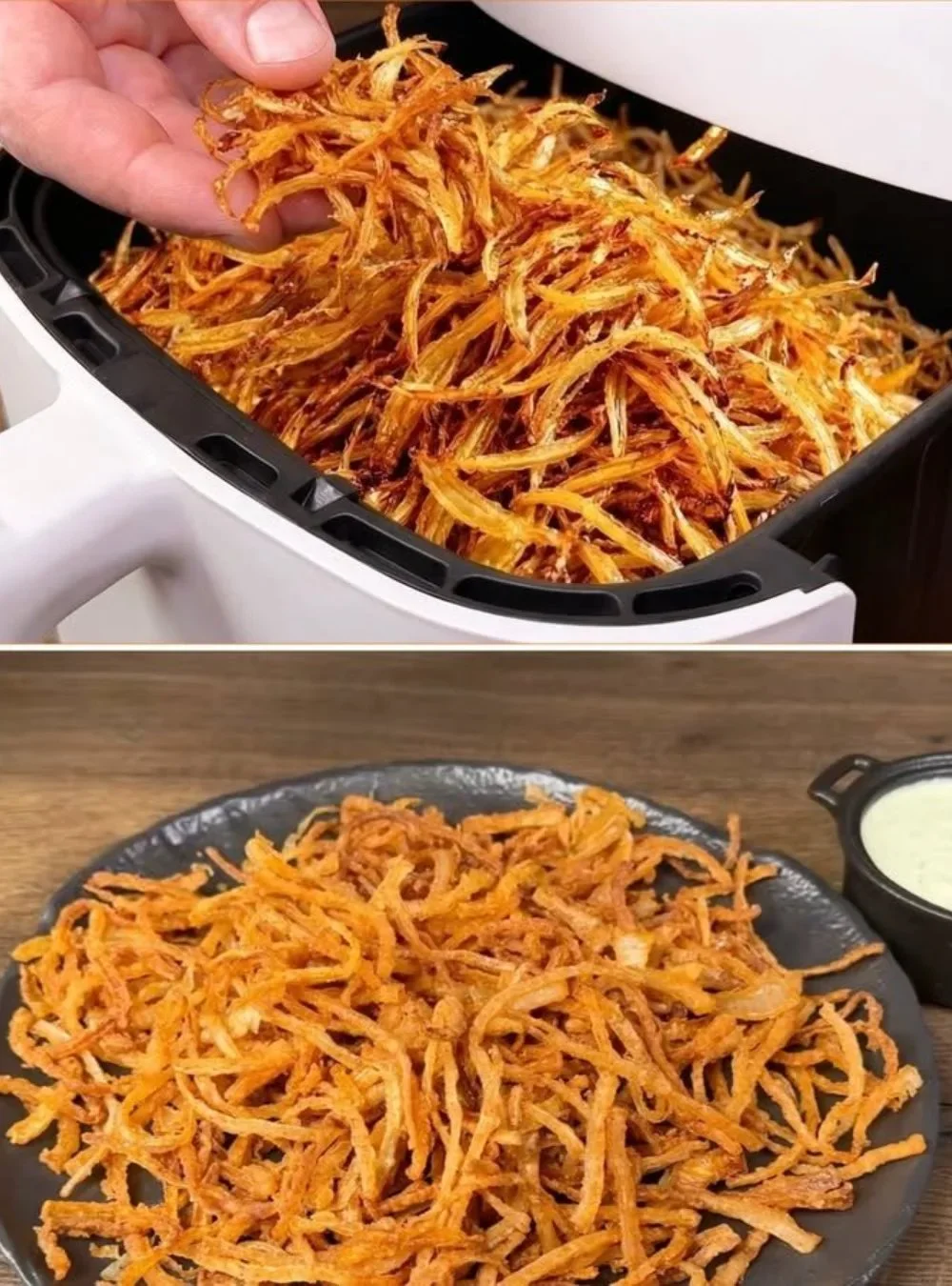 Knusprige Zwiebeln aus dem Airfryer auf einem Teller angerichtet