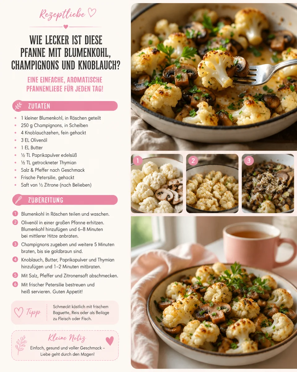 Blumenkohl-Pilz-Pfanne mit Knoblauch in einer Pfanne zubereitet