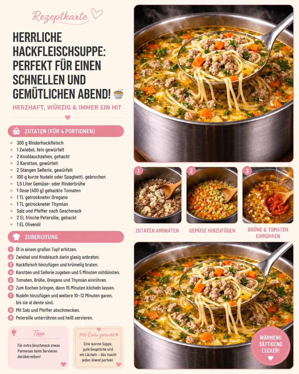 Schüssel mit leckerer Hackfleischsuppe, schnell und einfach zubereitet