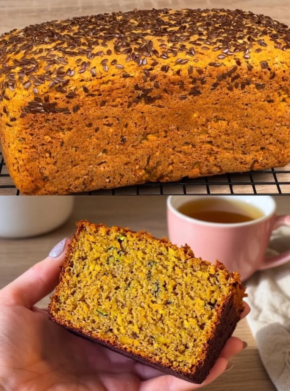 Mehlfreies Haferbrot mit Zucchini und Karotten auf einem Holztisch