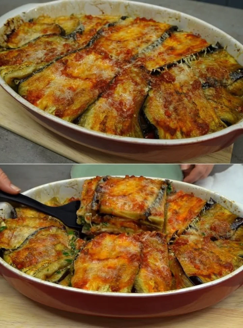 Leichte Auberginen-Gemüselasagne auf einem Teller, frisch serviert und appetitlich angerichtet.