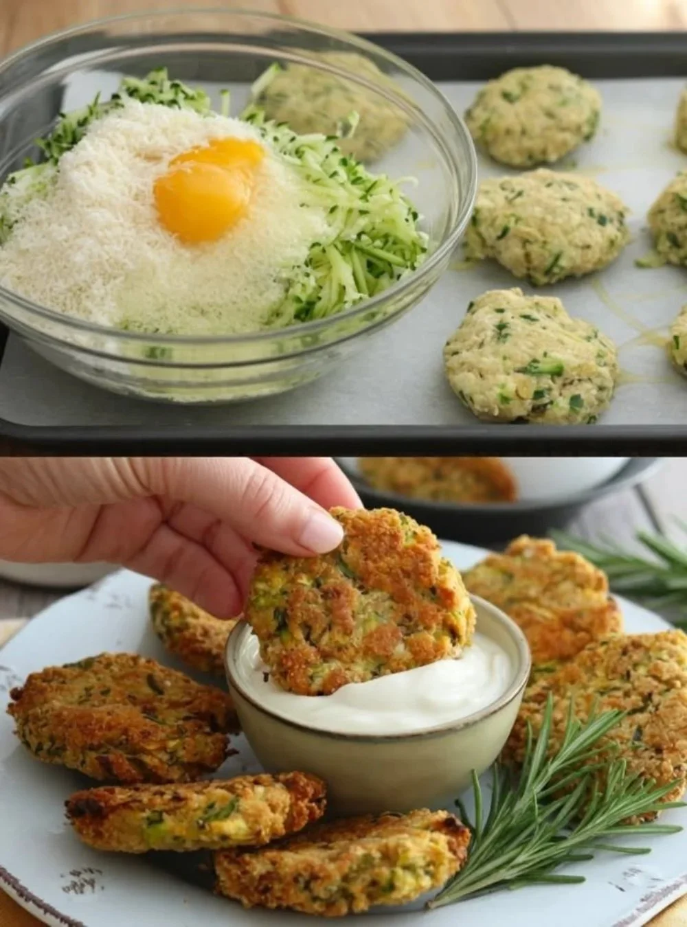 Leckere und gesunde Zucchini-Puffer auf einem Teller serviert.