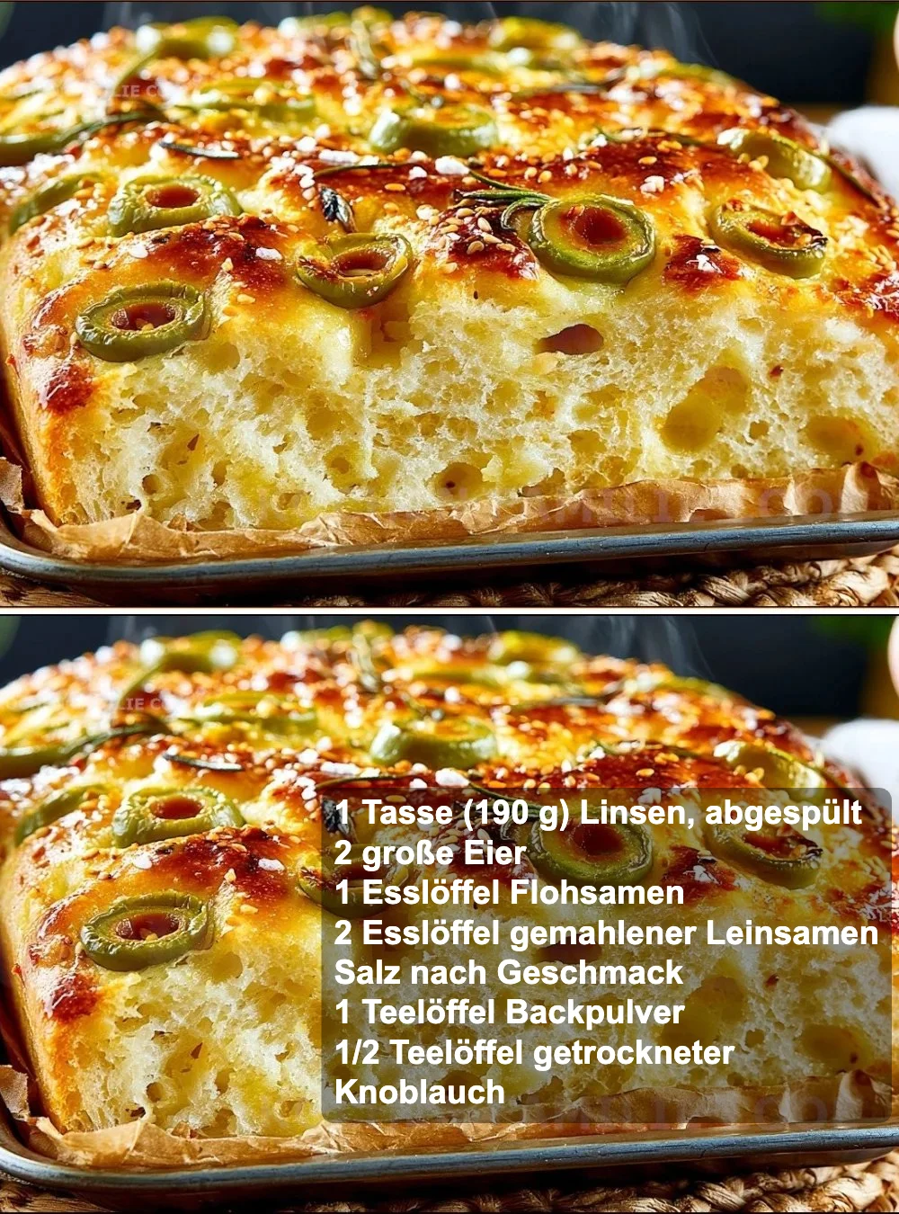 Linsen-Focaccia mit Oliven auf einem rustikalen Holzbrett