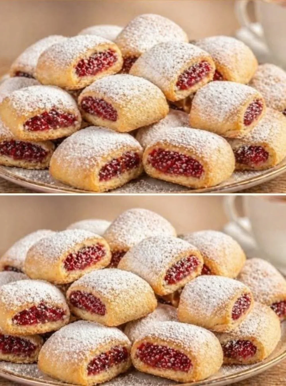 Himbeermarmelade-Kekse auf einem Teller, frisch gebacken und dekoriert.