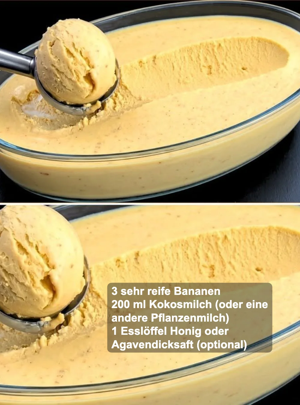 Samtiges Bananen-Eis in einer Schale mit Bananenscheiben dekoriert