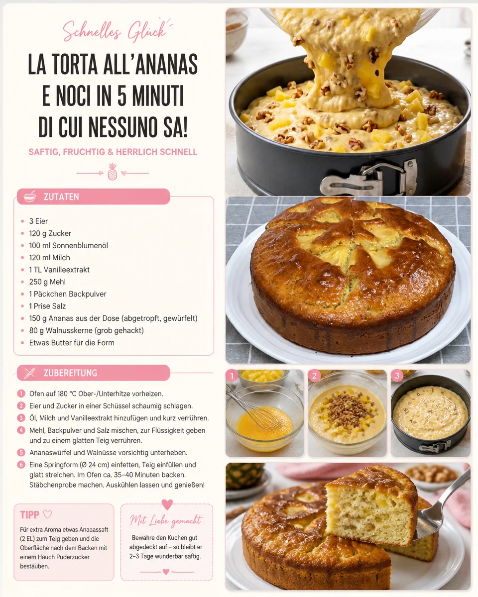 Schnelle Ananas-Walnuss-Torte mit Joghurtcreme, serviert auf einem Teller