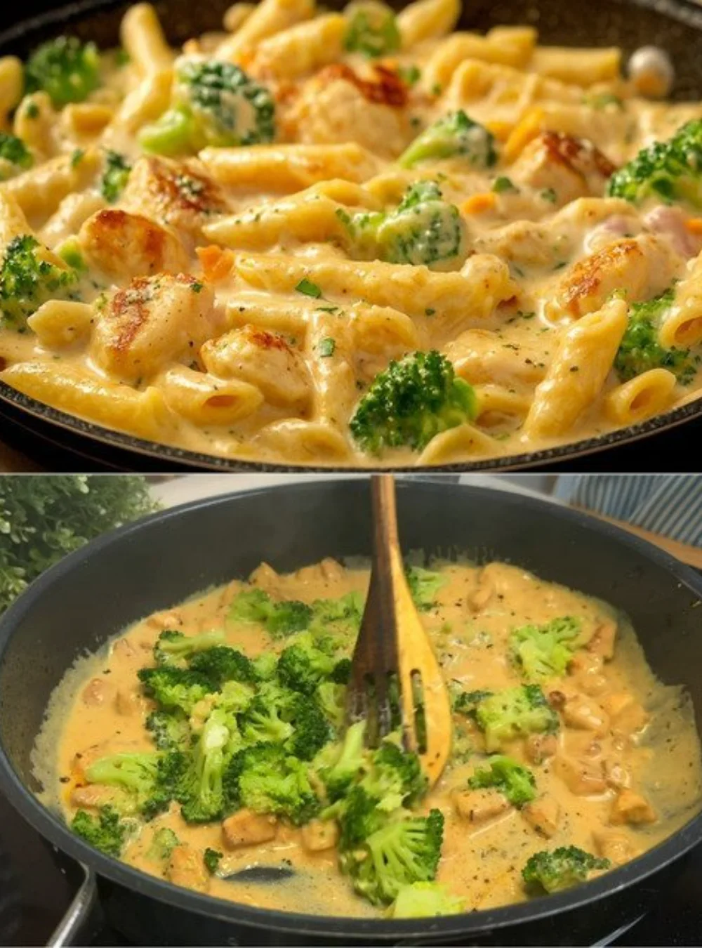 Schnelle cremige Hähnchen-Pasta mit Brokkoli auf einem Teller serviert