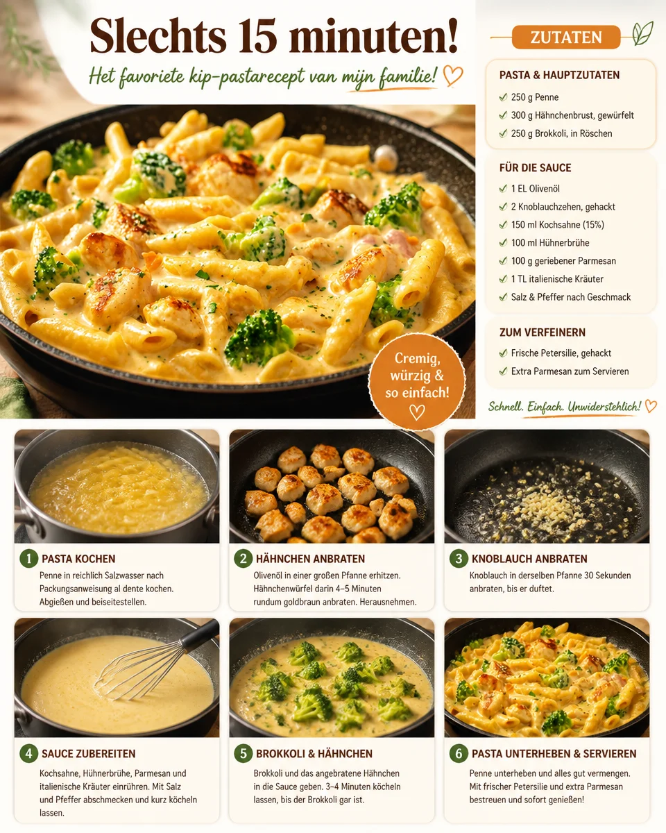 Schnelle cremige Hähnchen-Pasta mit Brokkoli in 15 Minuten zubereitet