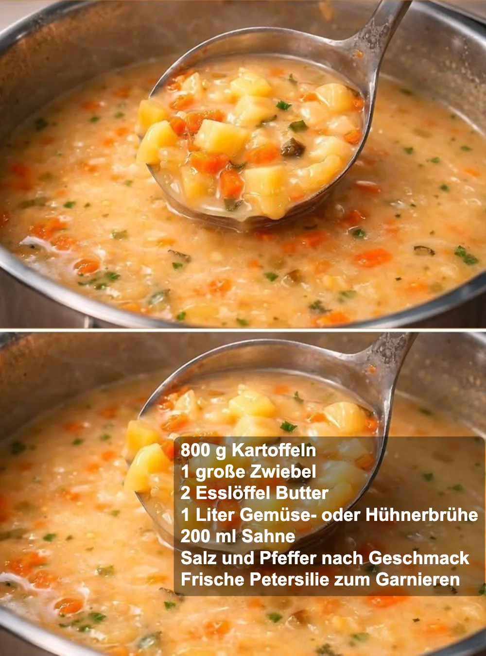 Cremige Kartoffelsuppe in einer Schüssel, garniert mit frischen Kräutern.