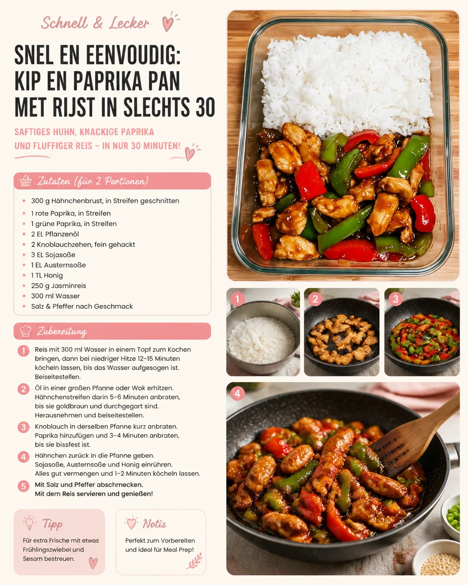 Schnelle Hähnchen-Paprika-Pfanne mit Reis, schnell und lecker zubereitet.