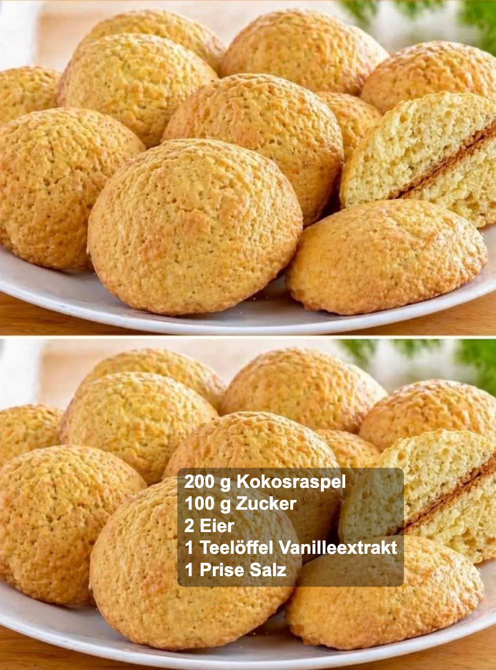 Schnelle Kokosnusskekse auf einem Teller, frisch gebacken und köstlich.
