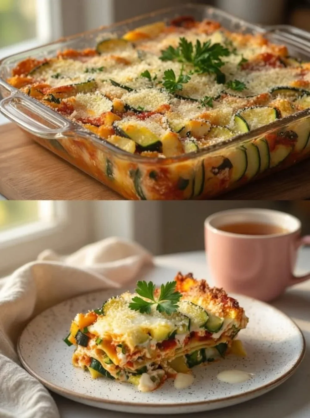 Schnelle Ofen-Zucchini mit Ricotta und Knoblauch-Joghurtsauce auf einem Teller