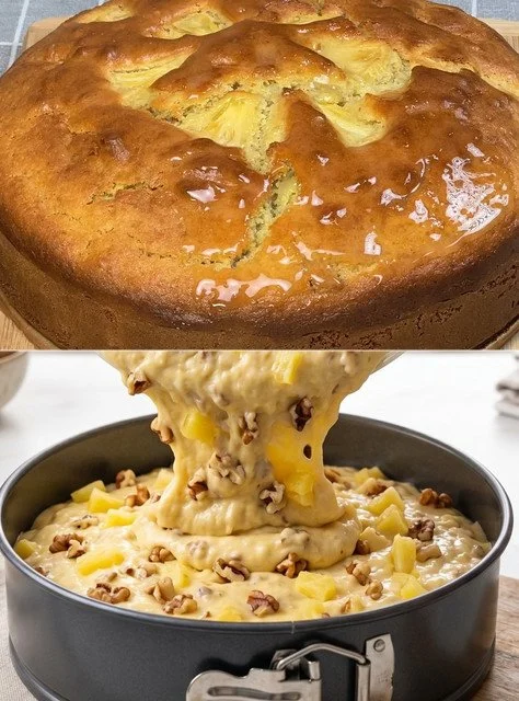 Schneller Ananas-Walnuss-Kuchen auf einem Teller, ideal für zuhause.