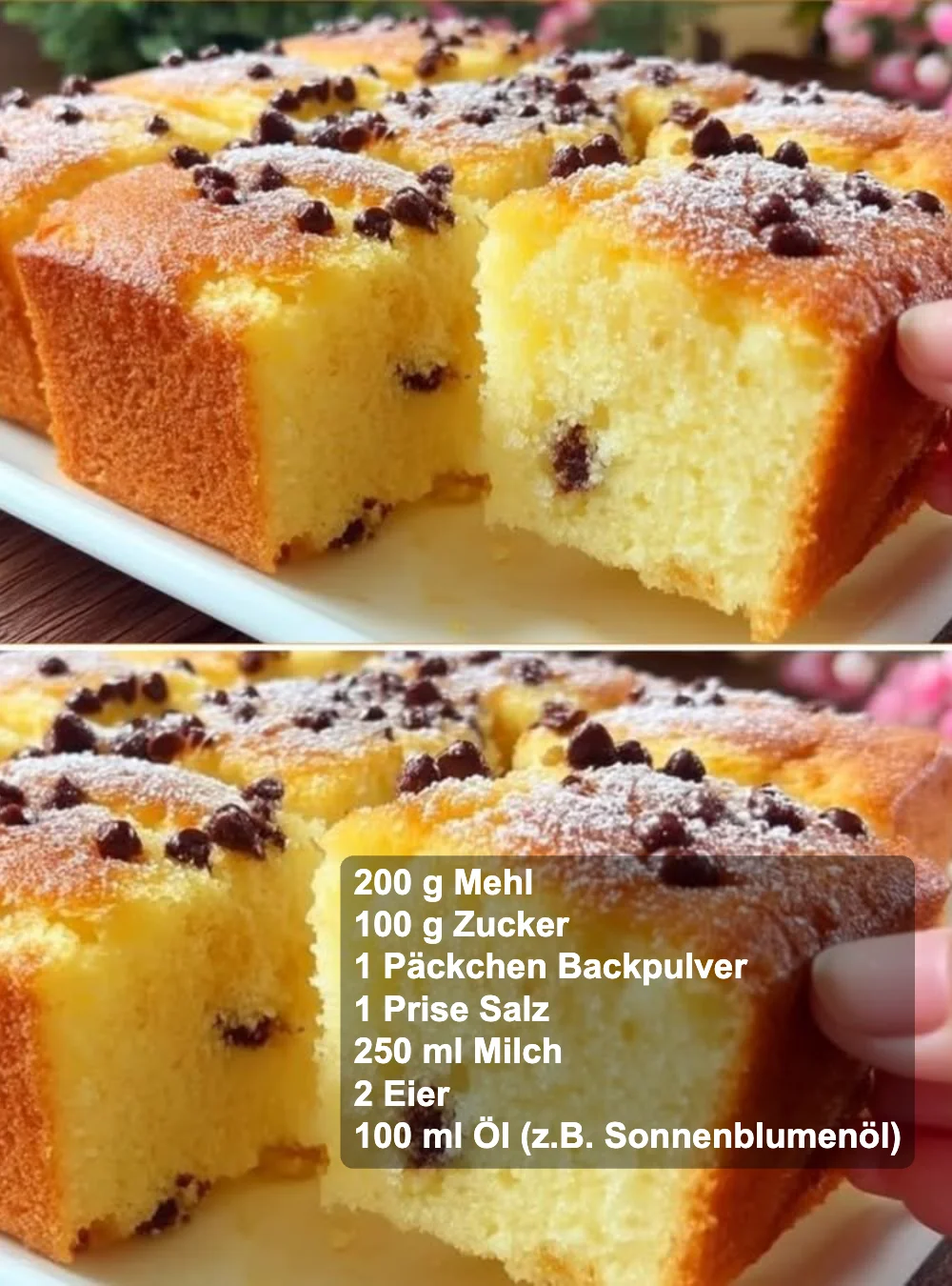 Ein schneller Kuchen, der in wenigen Minuten fertig ist, serviert auf einem Tisch.