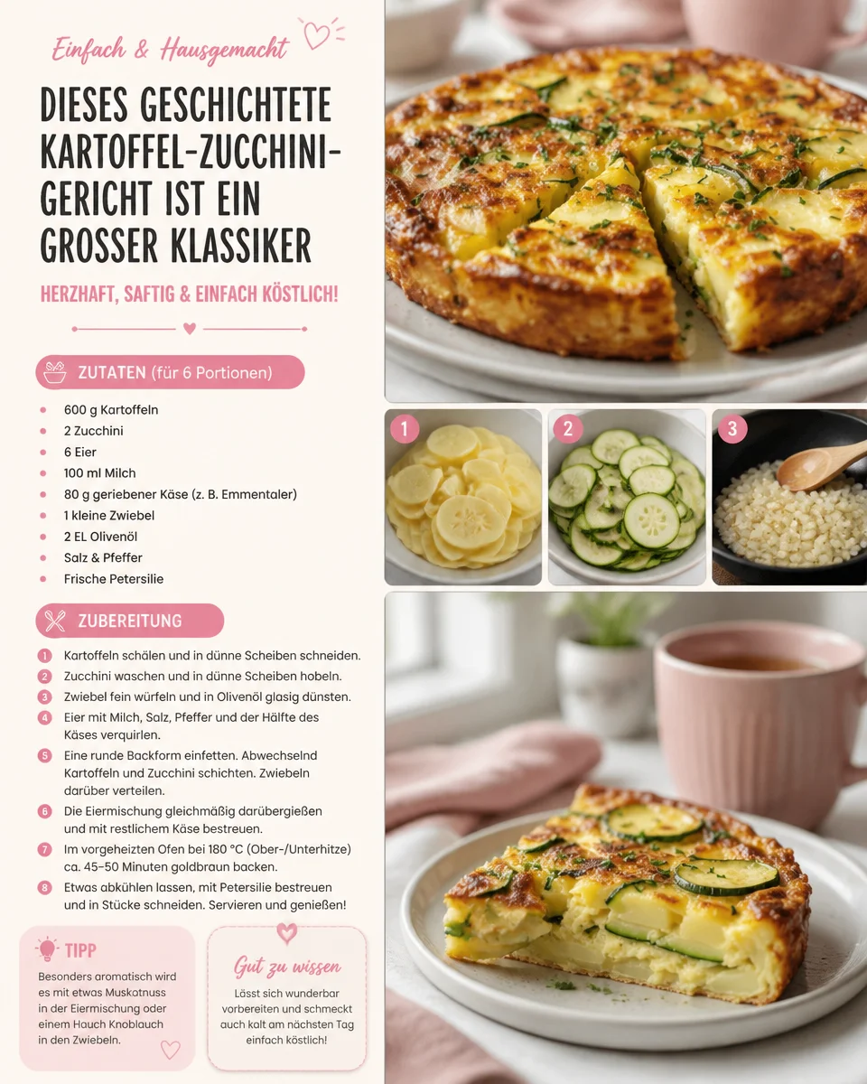 Schneller Schichtauflauf aus Kartoffeln und Zucchini auf einem Teller