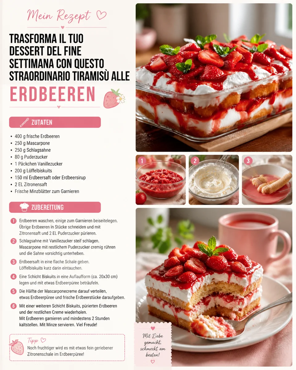 Schnelles no-bake Erdbeer-Tiramisu mit frischen Erdbeeren und cremiger Schicht.