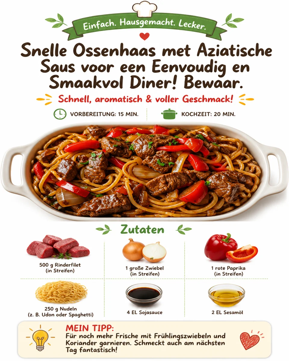 Schnelles Rinderfilet mit asiatischer Sauce auf einem Teller angerichtet.