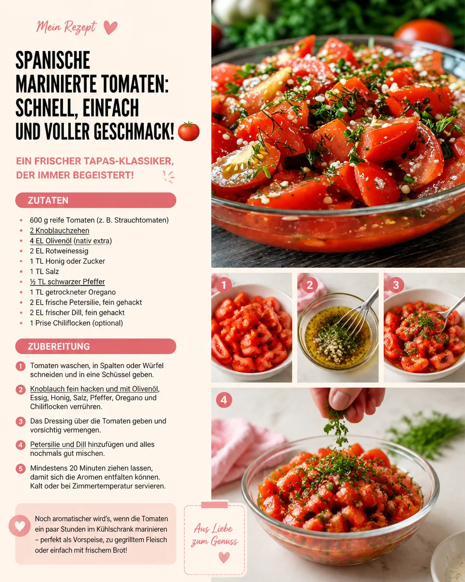 Spanische marinierte Tomaten in einer Schüssel mit frischen Kräutern und Gewürzen