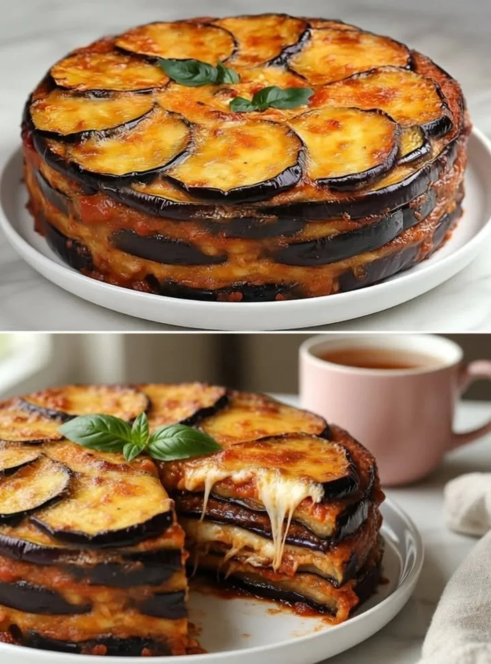 Süße Melanzane Torte mit köstlicher Füllung auf einem Teller