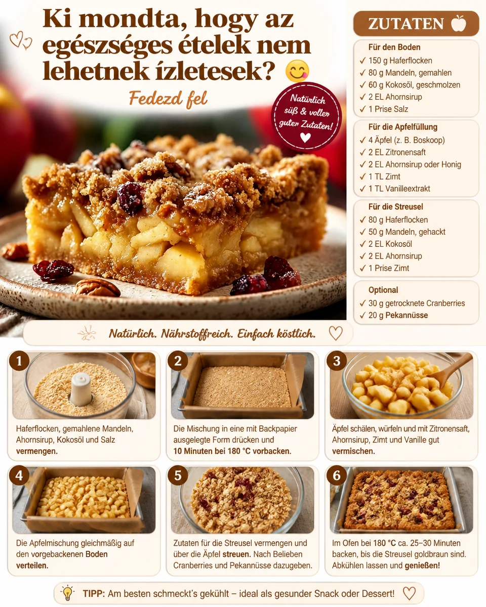 Warmer Apfel-Crumble, gesund und lecker, serviert in einer weißen Schale.