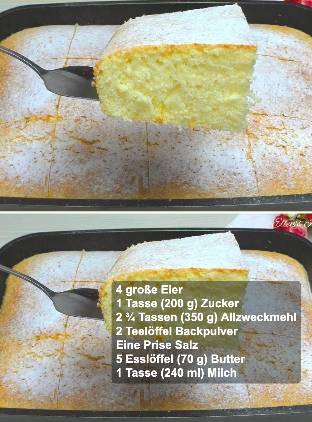 Warmer Milchkuchen auf einem Teller, serviert mit Puderzucker.