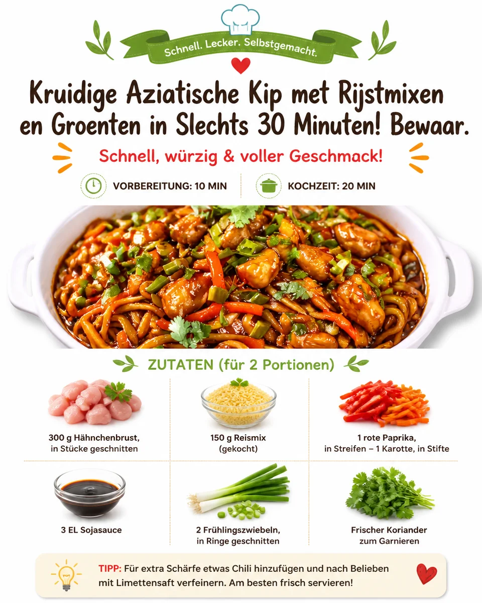 Würziges asiatisches Hähnchen mit Reis und Gemüse auf einem Teller