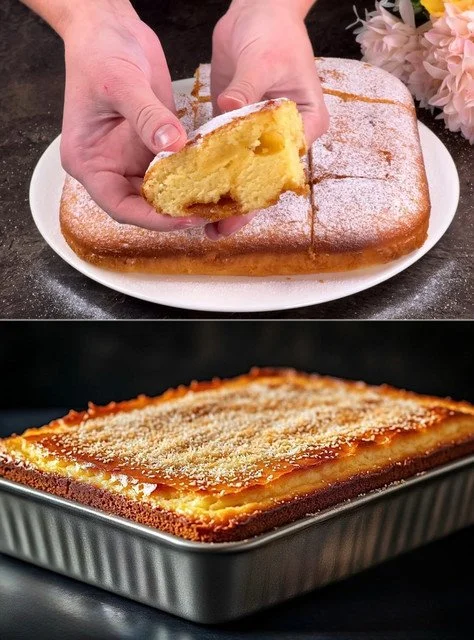 Zitronen-Karamell-Kuchen auf einem weißen Teller dekoriert mit frischen Zitronenscheiben