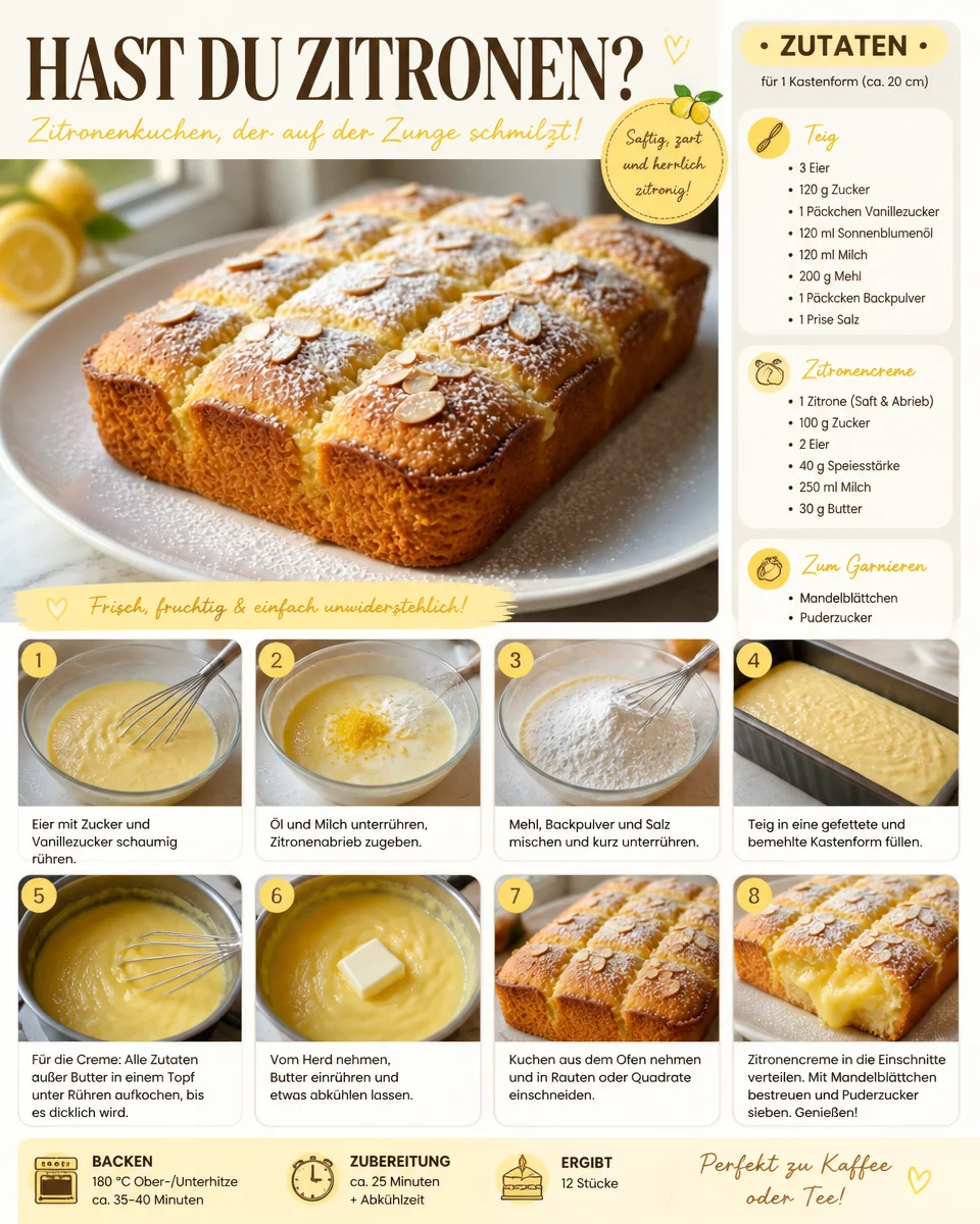 Schneller Zitronenkuchen, zubereitet in 15 Minuten, frisch und lecker.