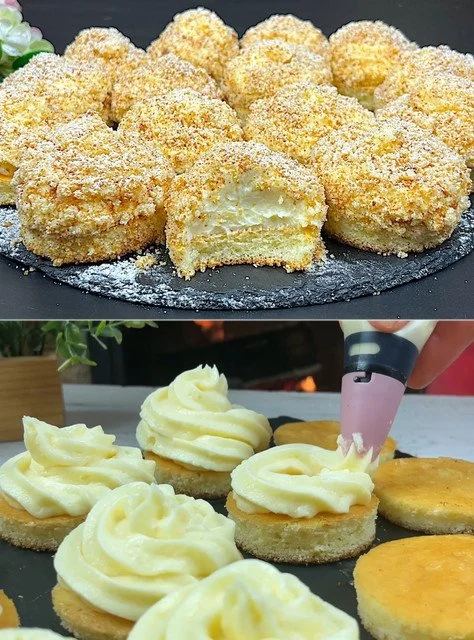 Zitronenkuchen mit cremiger Zitronencreme auf einem Teller.